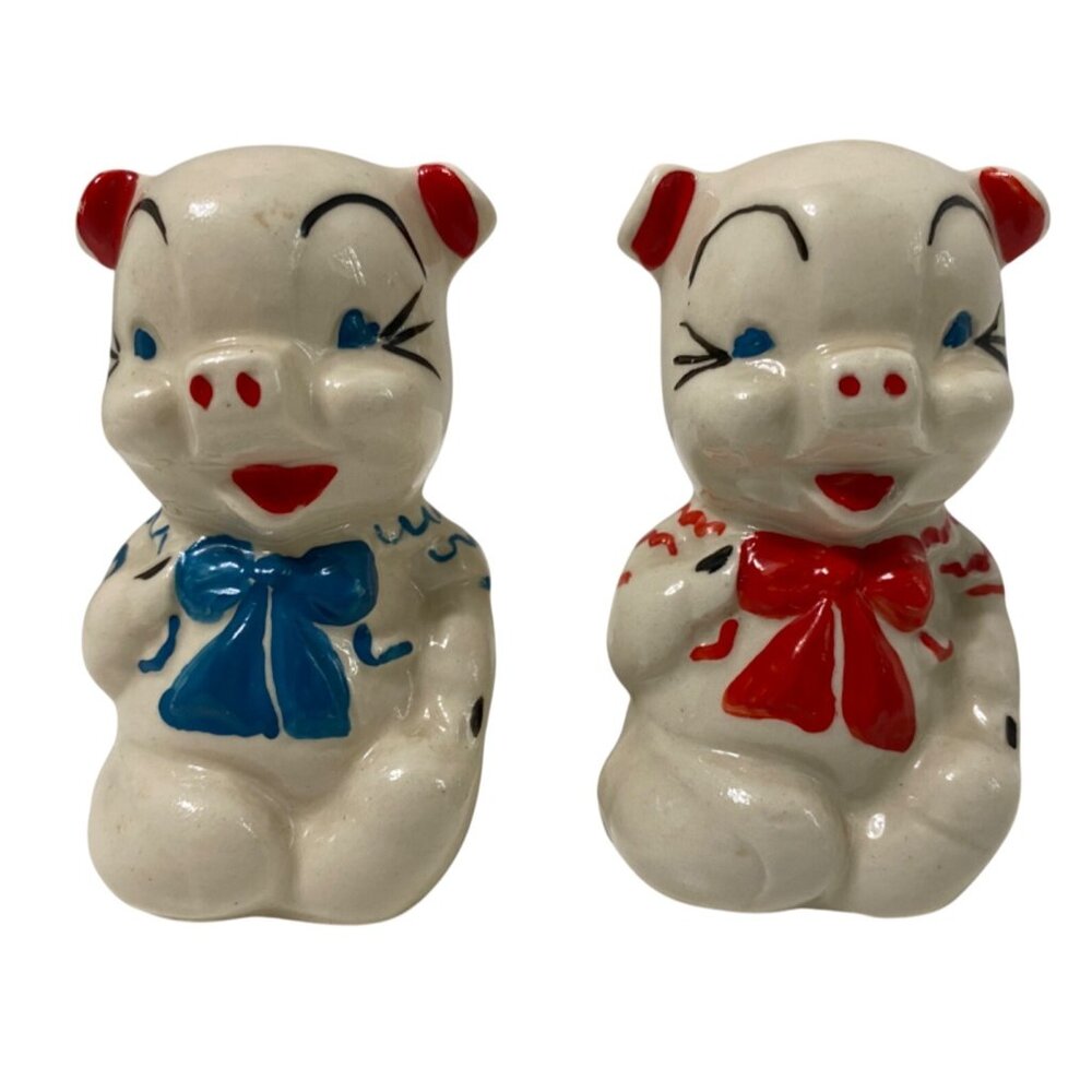 Vintage Pig Salt & Pepper Shakers Set Blue & Red Bow Ceramic Collectible Kitchen